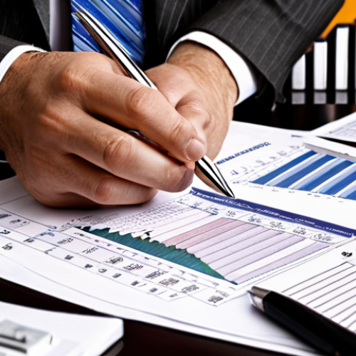 Home 8 ** A lawyer meticulously reviewing financial documents, with charts and graphs in the background representing income, expenses, and investments. The overall tone should be professional and focused, highlighting the importance of tax planning and advance tax payments.
**