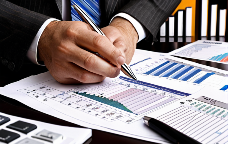** A lawyer meticulously reviewing financial documents, with charts and graphs in the background representing income, expenses, and investments. The overall tone should be professional and focused, highlighting the importance of tax planning and advance tax payments.
**