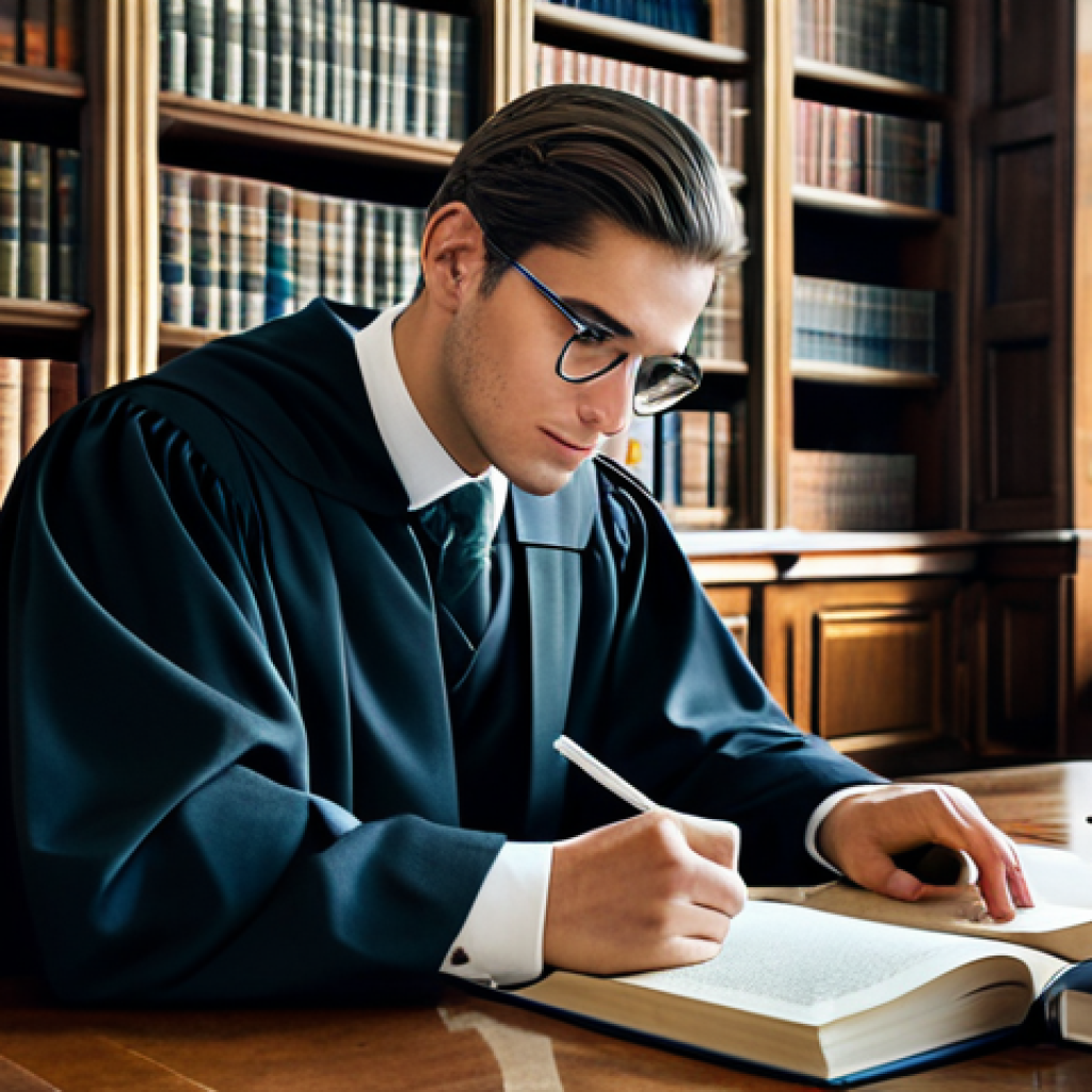 **
A professional law student in appropriate attire, fully clothed, studying diligently at a desk piled with law books. The setting is a well-lit library with classical architecture. Safe for work, appropriate content, perfect anatomy, natural pose, high quality, family-friendly.
**