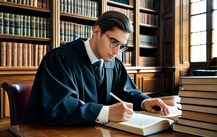 **
A professional law student in appropriate attire, fully clothed, studying diligently at a desk piled with law books. The setting is a well-lit library with classical architecture. Safe for work, appropriate content, perfect anatomy, natural pose, high quality, family-friendly.
**