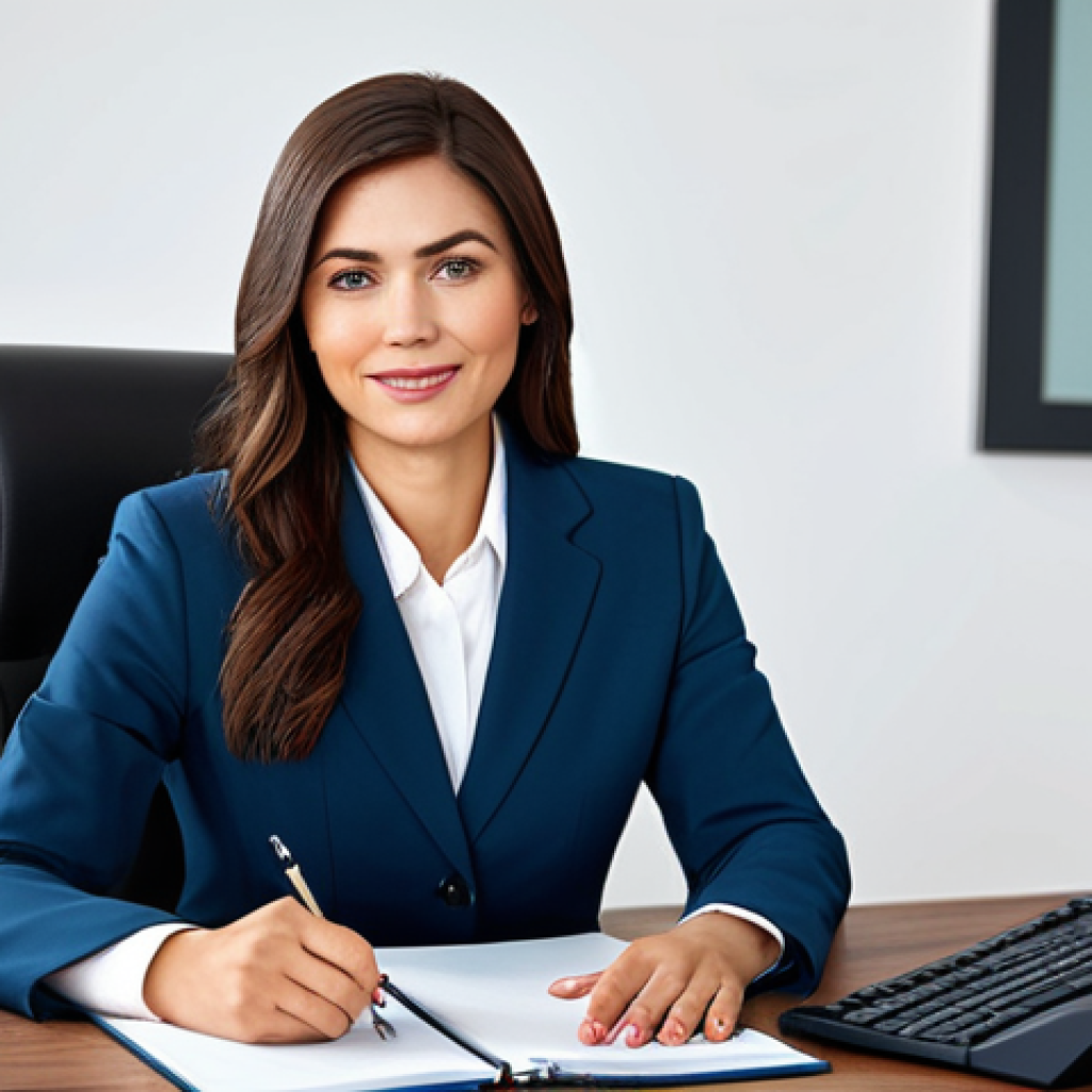 **
A confident businesswoman in a modest business suit, seated at a desk in a modern office. She is fully clothed, in appropriate attire, and the scene is safe for work. The image should have perfect anatomy, natural proportions, and be of professional photography quality. It should look professional, modest, and family-friendly.
**
