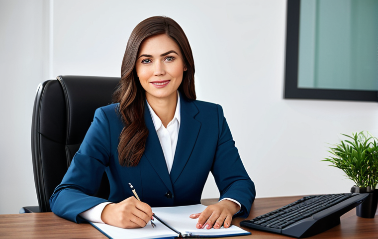 **
A confident businesswoman in a modest business suit, seated at a desk in a modern office. She is fully clothed, in appropriate attire, and the scene is safe for work. The image should have perfect anatomy, natural proportions, and be of professional photography quality. It should look professional, modest, and family-friendly.
**