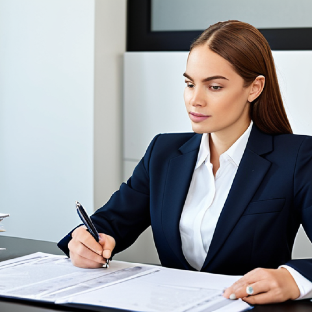 변리사 취업 가능성 - A professional businesswoman in a modest business suit, sitting at a desk in a modern office, review...