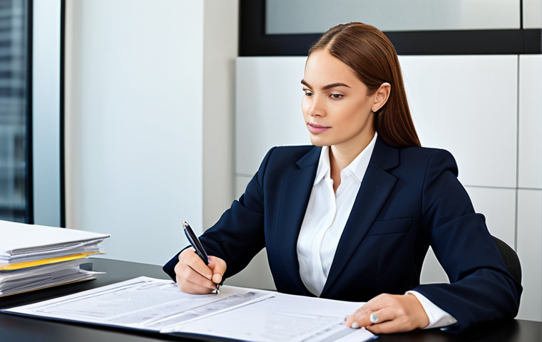 변리사 취업 가능성 - A professional businesswoman in a modest business suit, sitting at a desk in a modern office, review...