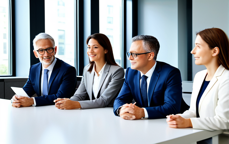 변리사 취업 가능성 - A professional businesswoman in a modest business suit, sitting at a desk in a modern office, review...