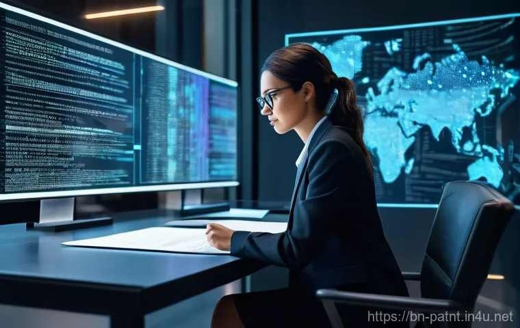 변리사 시험에서의 최신 트렌드 - **Prompt:** A highly detailed image of a female patent attorney, in her early 30s, professionally dr...