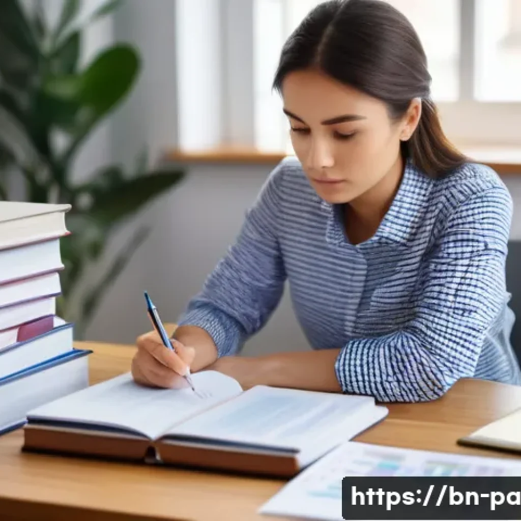 변리사 시험 일정 관리 - **Prompt:** A focused young woman in her mid-20s, wearing smart casual attire like a long-sleeved sh...