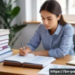 변리사 시험 일정 관리 - **Prompt:** A focused young woman in her mid-20s, wearing smart casual attire like a long-sleeved sh...