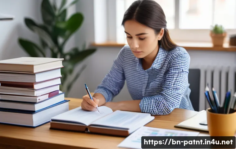 변리사 시험 일정 관리 - **Prompt:** A focused young woman in her mid-20s, wearing smart casual attire like a long-sleeved sh...