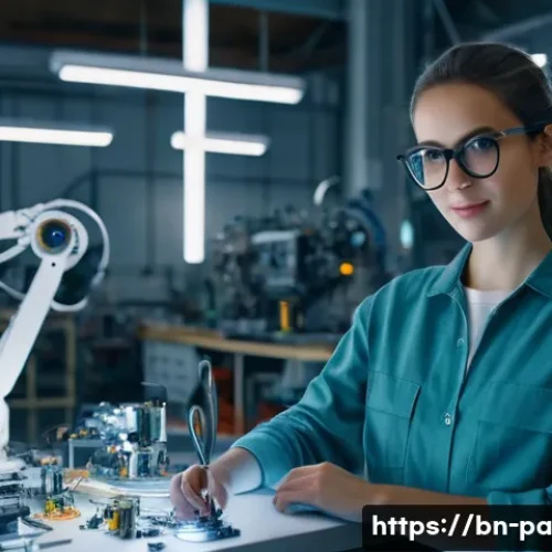 Home 32 변리사와 국제 분쟁 해결 - A young, enthusiastic female inventor, aged around 25, with bright, curious eyes and stylish glasses...