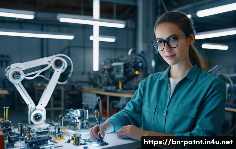 변리사와 국제 분쟁 해결 - A young, enthusiastic female inventor, aged around 25, with bright, curious eyes and stylish glasses...