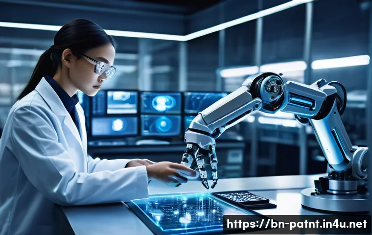 변리사와 로봇 기술 특허 사례 - **Prompt:** A highly advanced, sleek robotic arm, made of polished metal and glowing with subtle blu...